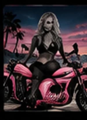 Rider on a custom pink chopper beneath an evening sky